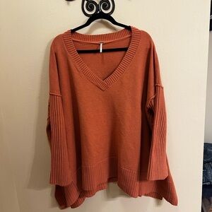 Free People V-Neck Sweater in Rust Orange